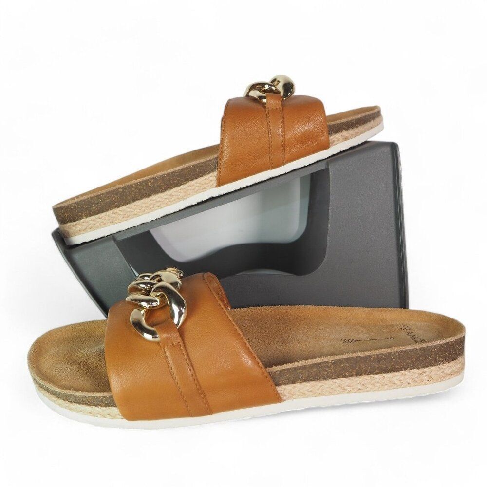 Frankie4 Quinn Chain Detail Slide Sandals Tan / Gold 2384‎ Women's 8.5
